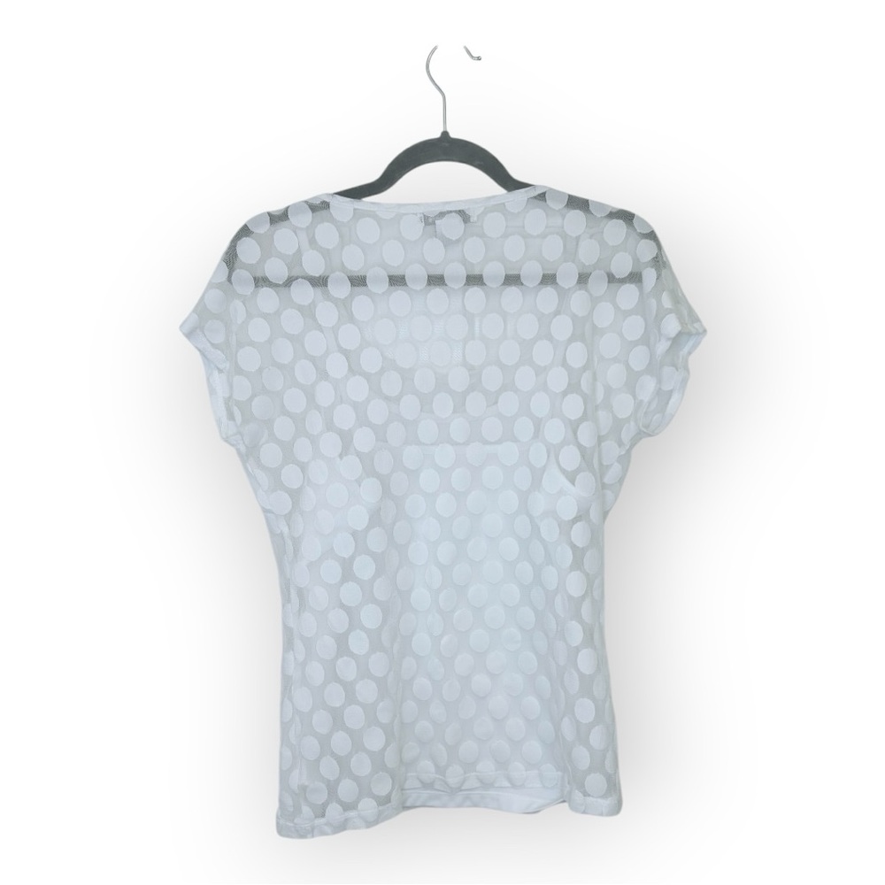 Liz Claiborne White Polka Dot Mesh Overlay Sheer Blouse Preppy Classic Medium - Picture 3 of 5